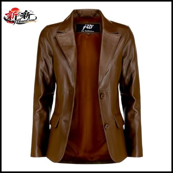 Lambskin Leather Blazer Jacket Women Classic 2-Button Notched Lapel - Picture 3 of 7